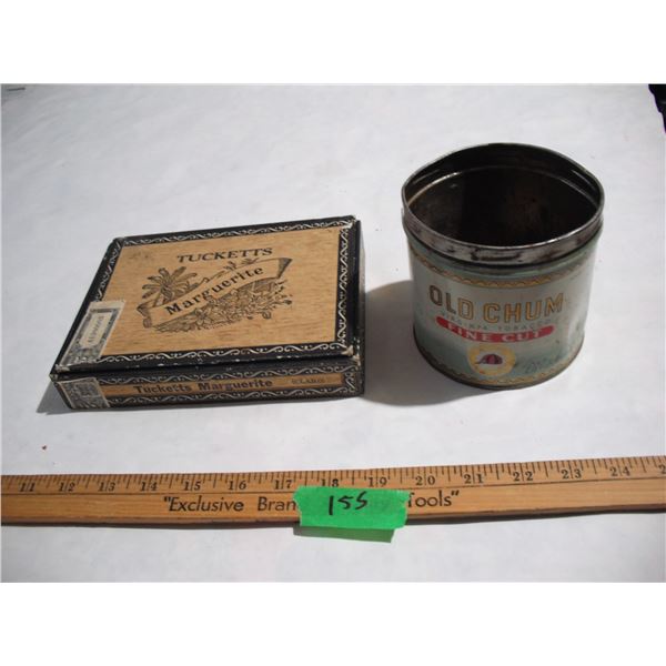 Wooden Tucketts Marguerite Cigar Box & Old Chum Tobacco Tin