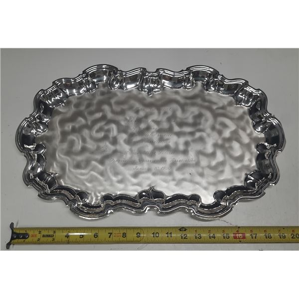 Vintage silver-plated serving tray features a scalloped edge design and an engraved inscription date