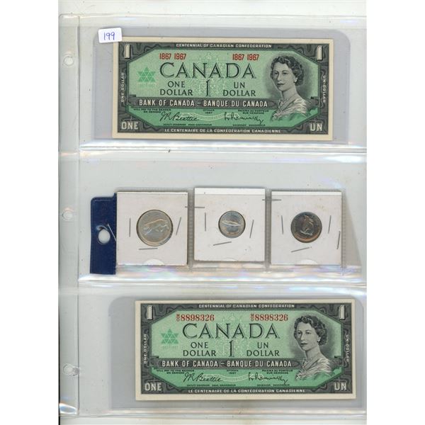 (2) 1967 centennial of Canadian confederation bills and (3) 1967 silver coins ( 5, 10, 25 cents)