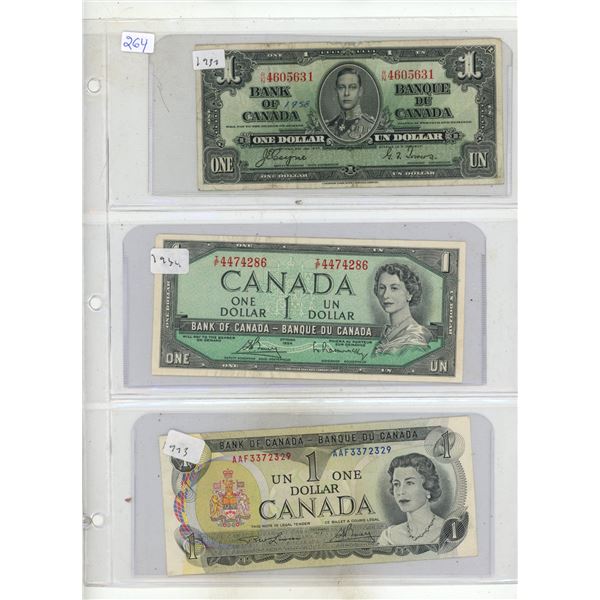 Lot of 3 (1937, 1954, 1973) Canadian $1 bills