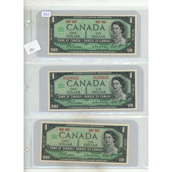 Lot of 3x1967 Canadian $1 bills