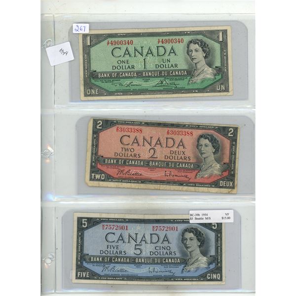 Lot of 3x1954 Canadian $1, $2 and $5 bills