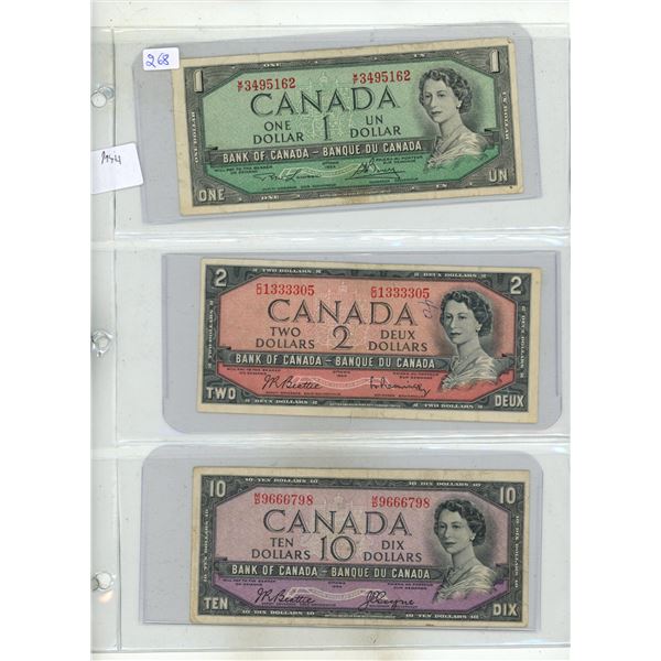Lot of 3x1954 Canadian $1,$2 and $10 bills