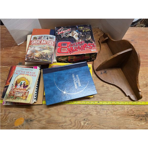 Lot of misc items, books, shelf