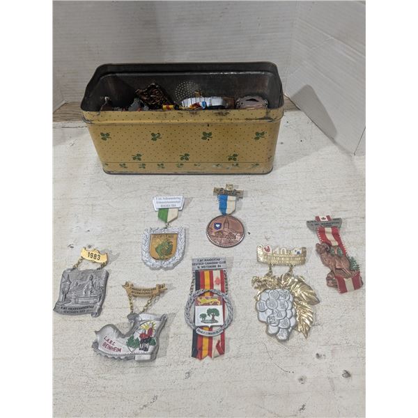 Vintage 12x5.5x5.5" tin, with medals/ribbons