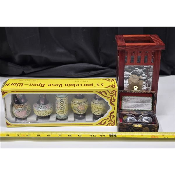 Baoding balls, (5) 3.5” Vases in Box, Candle Holder Décor