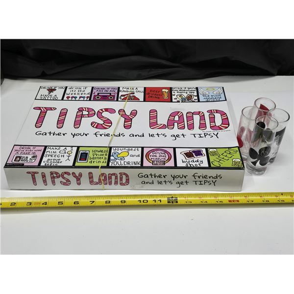 Tipsy Land Board Game w/ (4) Shot Glasses