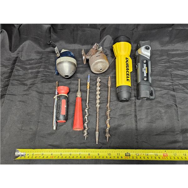 (2) Vintage Fishing Reels, (2) Flashlights (not tested), Vintage Drill Bits, etc.