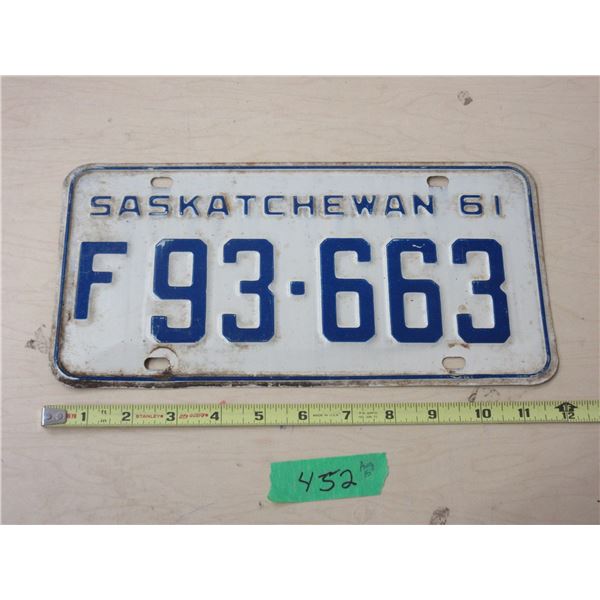 1961 Sask License Plate (Farm)