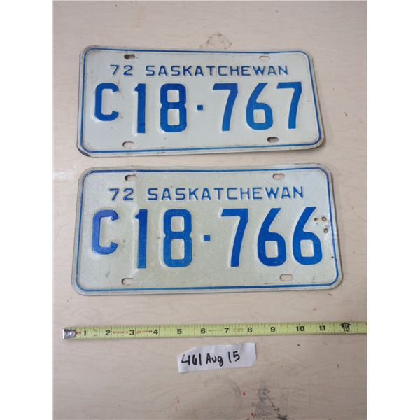 (2) 1972 Sask License Plate (Consecutive Numbers)