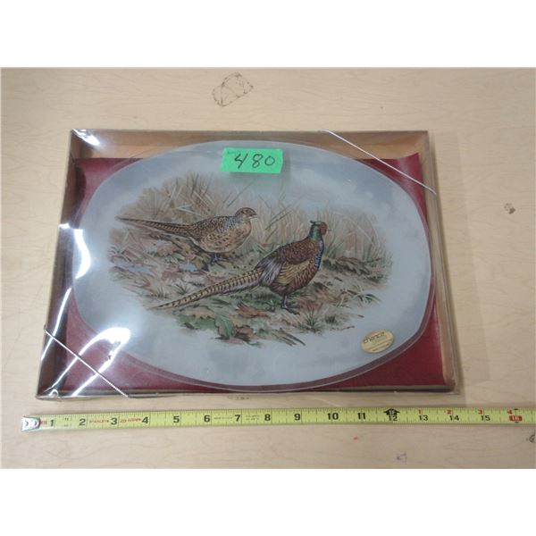 (1) 1960's VTG Pheaseant Painted Glass Platter Stamped Chance England 13'' By 9;; In Original Box
