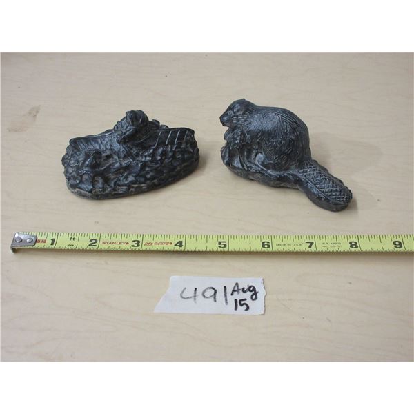 (2) Soap Stones Items ( Inuit In Kayak, Beaver 4'' Long Stamped Wolf