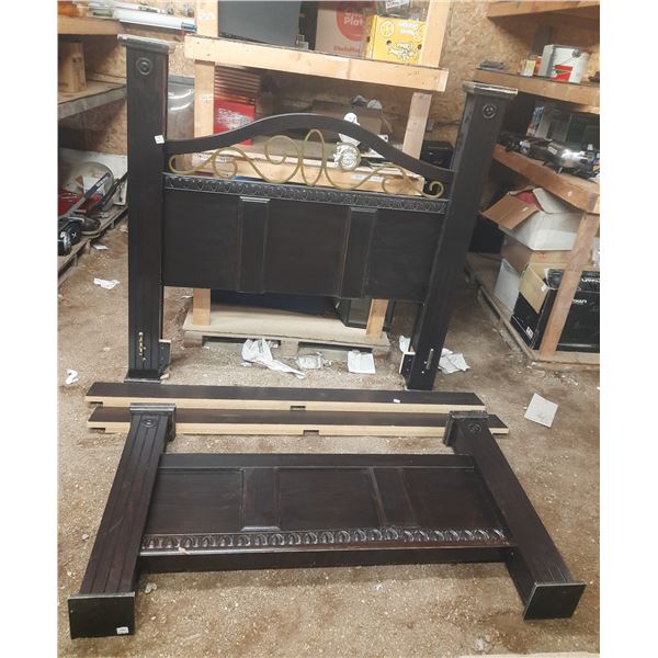 Unassembled Dark Wood Bed Frame. (Size Queen)