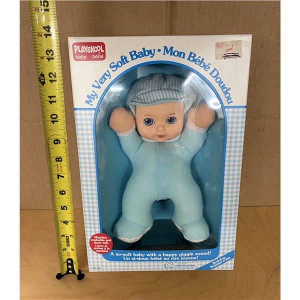Vintage 1990 Playskool "My Very Soft Baby" boy doll, featuring a squeak sound and rubber face, still