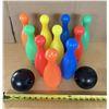 Image 1 : Kids 10 colorful, lightweight bowling pins and two black bowling balls.
