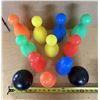 Image 3 : Kids 10 colorful, lightweight bowling pins and two black bowling balls.
