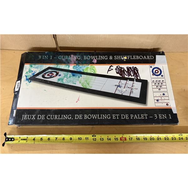 3-in-1 design for curling, bowling, and shuffleboard.