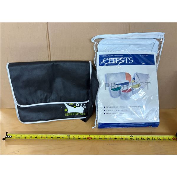 6-piece China Keeper Dinnerware Storage Chest Set and black canvas messenger bag features a green "N