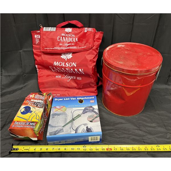 Molson Canadian 24-can chiller tote bag, Bernardin Home Canning Starter Kit, "Lint Lizard" dryer ven