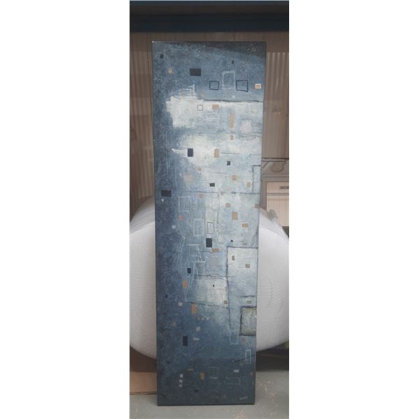 Blue and Grey abstract painting by Elias Munoz for Renwil features geometric square details. (Height