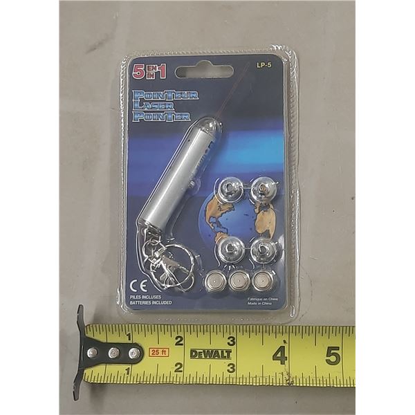 PowerDEL model LP-5 is a 5-in-1 keychain laser pointer featuring five interchangeable heads that cre