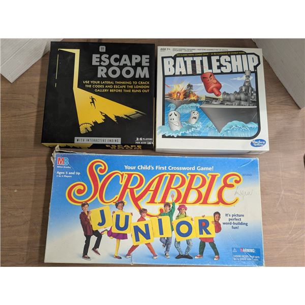 escape room, battleship, scrabble junior