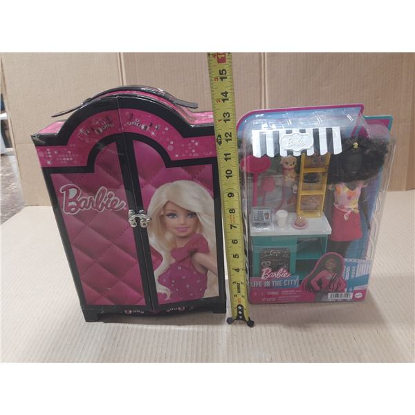 Barbie Wardrobe carrying case and Barbie Life in the City Café Playset.