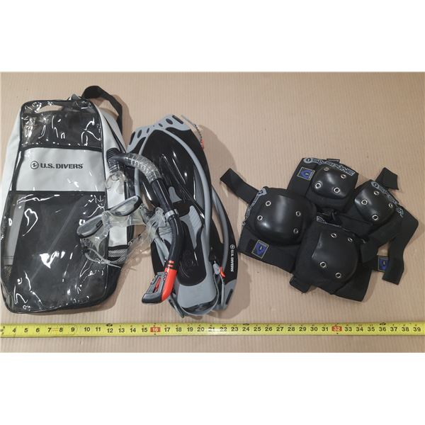 U.S. Divers snorkeling set, featuring a mask, snorkel, and adjustable fins, all packed in a clear ca