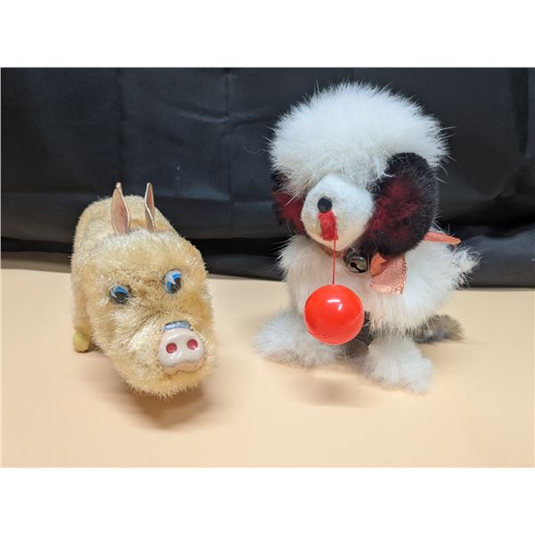 Vintage wind up toys, dog and pig, working