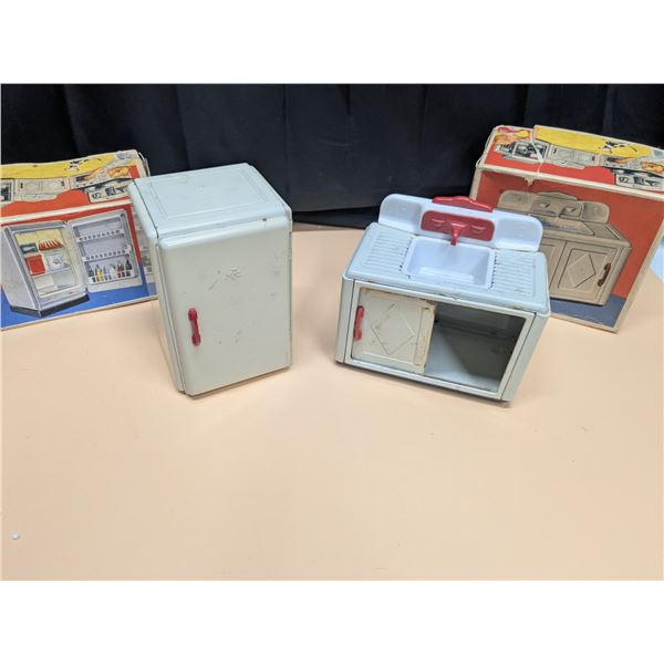 Vintage toy doll kitchen sink and fridge, with original boxes