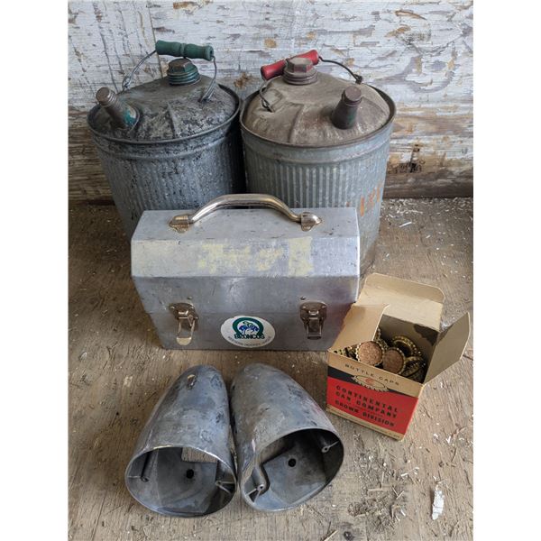 Vintage gas cans, lunch pail, cork bottle caps(New in Box), Headlight/taillight cone housing