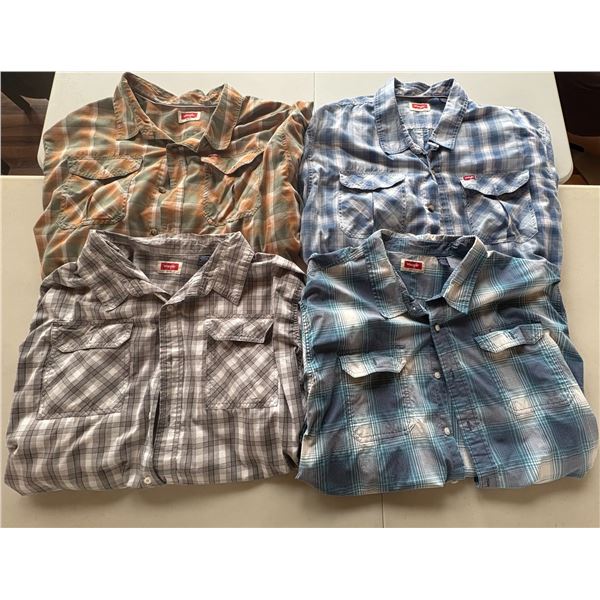 (4) Wrangler 3XL Plaid Button Up Short Sleeves Shirts.