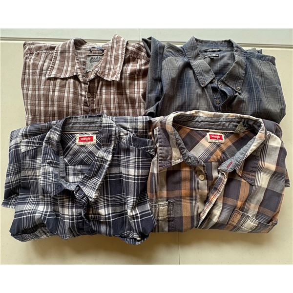 (4) Long Sleeve Plaid Button Ups Shirts - (2 ) Wrangler 3XL, (1) George 2XL, (1) Midtown 2XL.