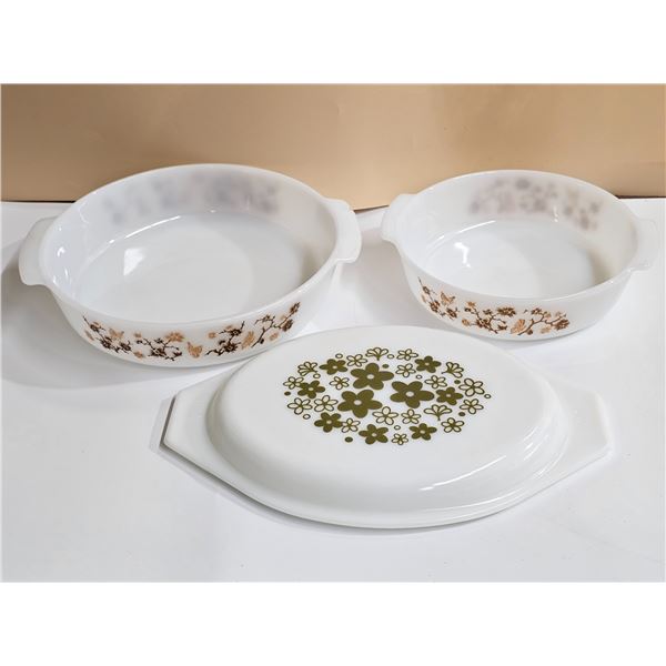 Vintage Pyrex Spring Blossom Casserole Dish Cover, (2) Vintage Milk Glass Casserole Dishes