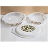Image 1 : Vintage Pyrex Spring Blossom Casserole Dish Cover, (2) Vintage Milk Glass Casserole Dishes