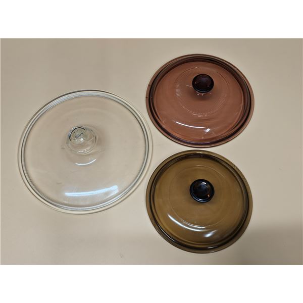 (3) Pyrex Glass Lids – 624C Clear, V1.5C Cranberry, V1C Amber