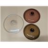 Image 1 : (3) Pyrex Glass Lids – 624C Clear, V1.5C Cranberry, V1C Amber