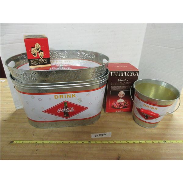 Coca Cola Ice Tub, Coca Cola Ice Bucket, Sloppy Joe Dribble Glass, and Telefora Music Box