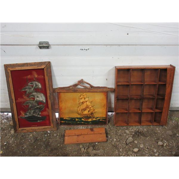 (2) Wooden Picture Frames, Wooden Display Case, and Wooden Décor Piece