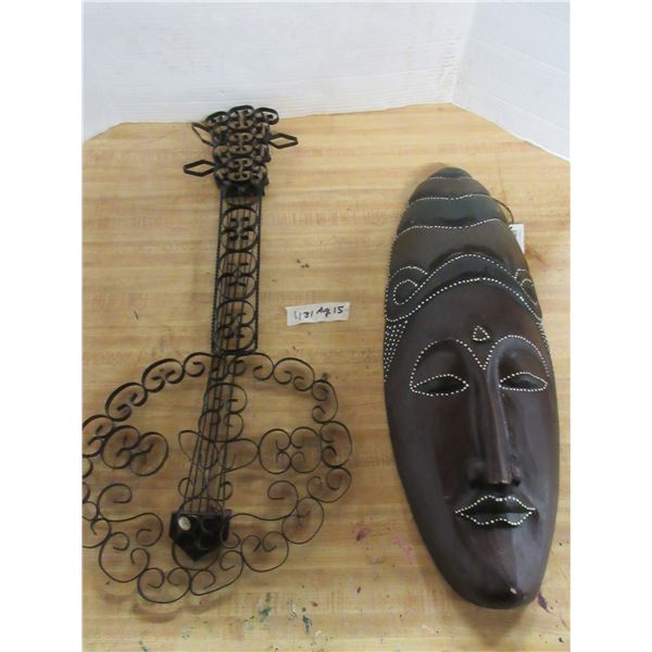 Hand Carved Wooden Wall Mask and Guitar Style Wall Décor