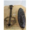 Image 1 : Hand Carved Wooden Wall Mask and Guitar Style Wall Décor