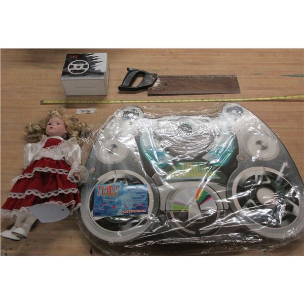 Clock, Doll, Saw, and Poster Radio