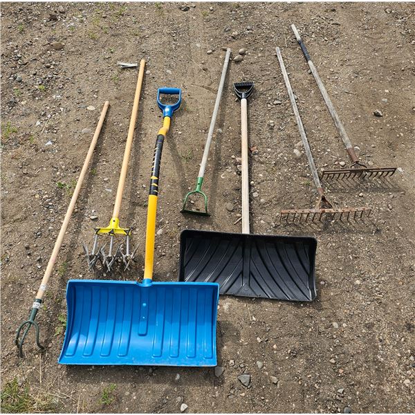 (2) Snow Shovels, (2) Garden Rakes, etc.