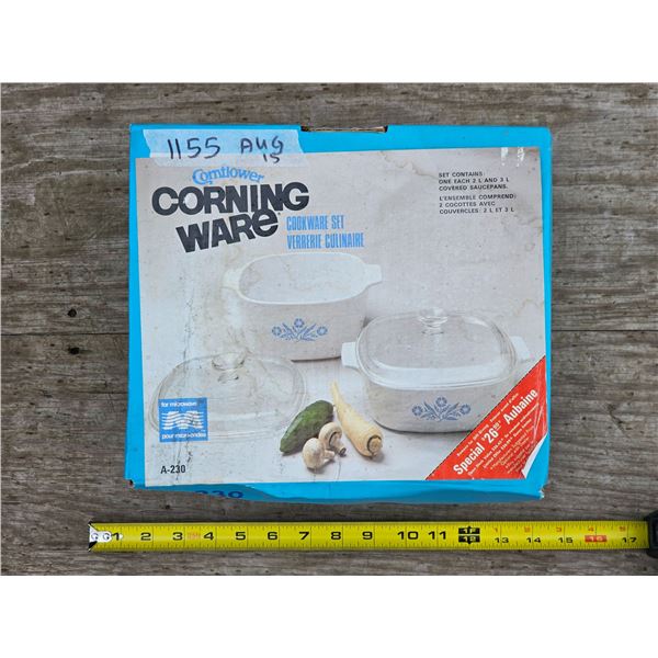 Vintage Unopened Blue Cornflower Corning Ware Set – 2L & 3L Covered Saucepans (inc. Lids)