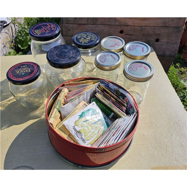 Lot of Glass Jars and Vintage Seed Packets