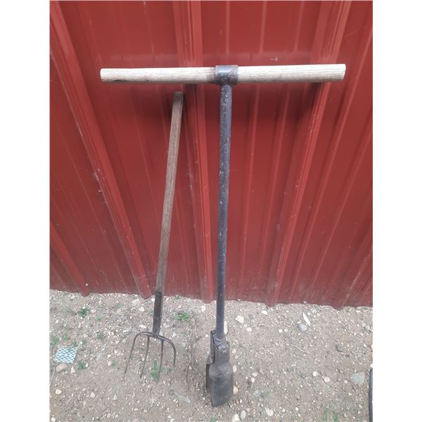 Pitchfork and  manual post hole digger.