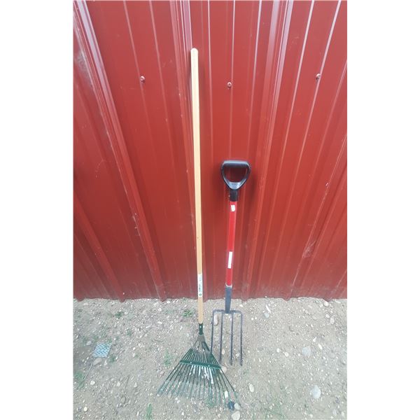 Generic garden leaf rake and pitchfork.