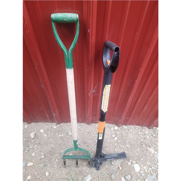 3-tine cultivator or fork and Fiskars stand-up weed puller.