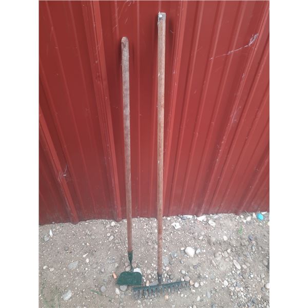 Soil rake and garden hoe.