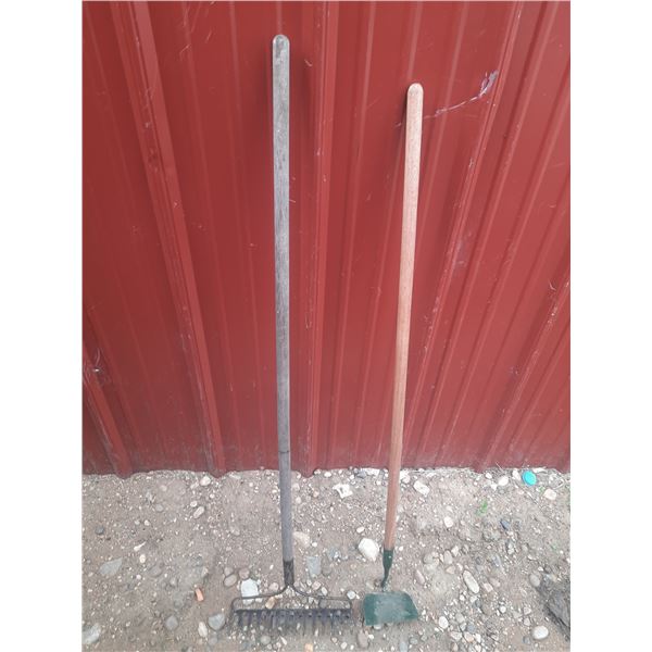 Soil rake and garden hoe.